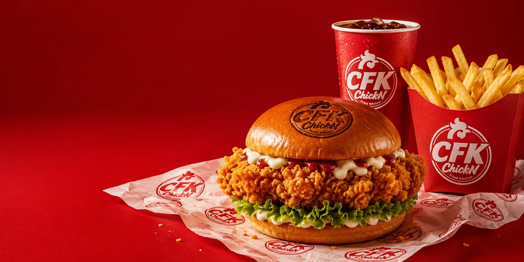 Çıtır tavuk burger, patates ve içecek